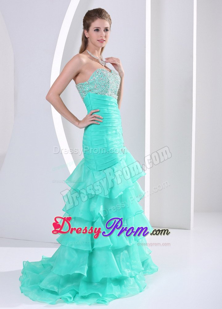Mermaid Ruffled Layers Beaded Aquamarine Prom Dresses
