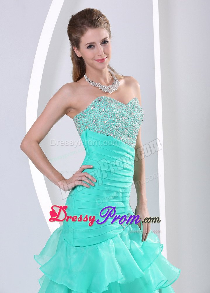 Mermaid Ruffled Layers Beaded Aquamarine Prom Dresses
