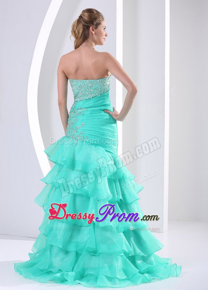 Mermaid Ruffled Layers Beaded Aquamarine Prom Dresses