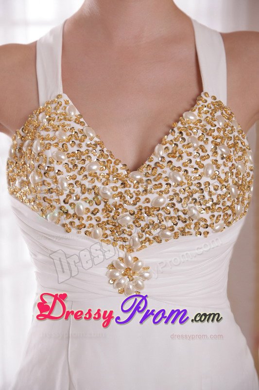 Empire White Beaded Prom Holiday Dress with Crisscross Back