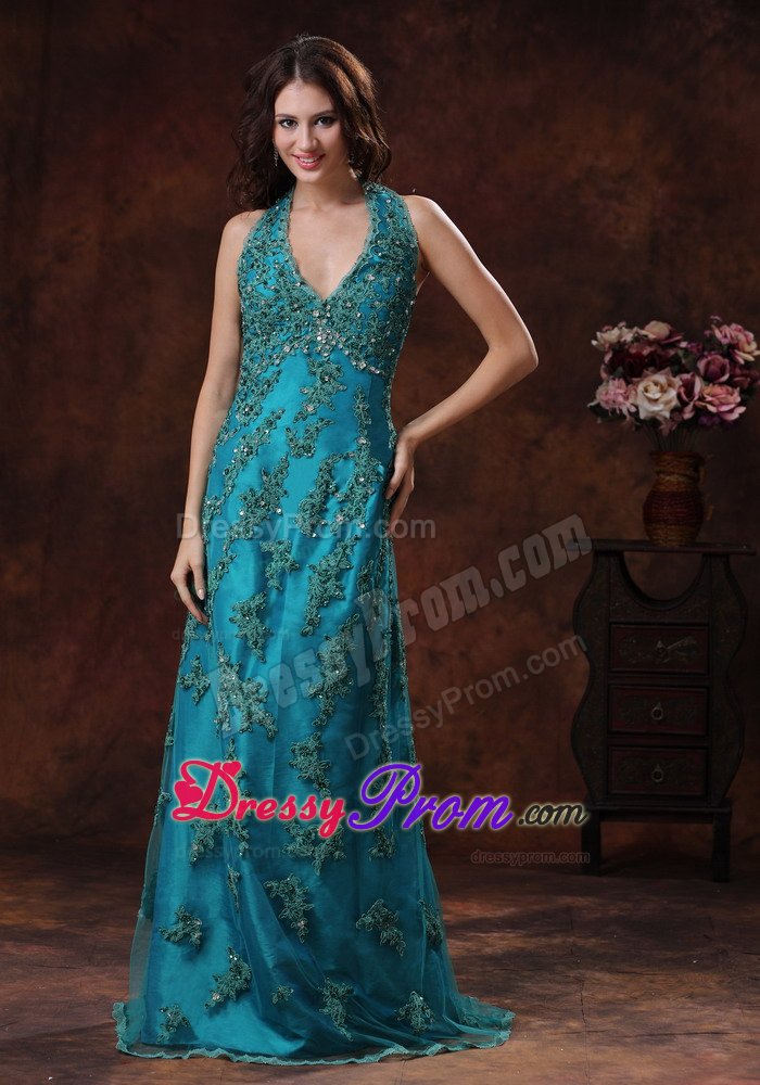 Hot Sale Brush Train Halter Top Appliqued Turquoise Prom Dress