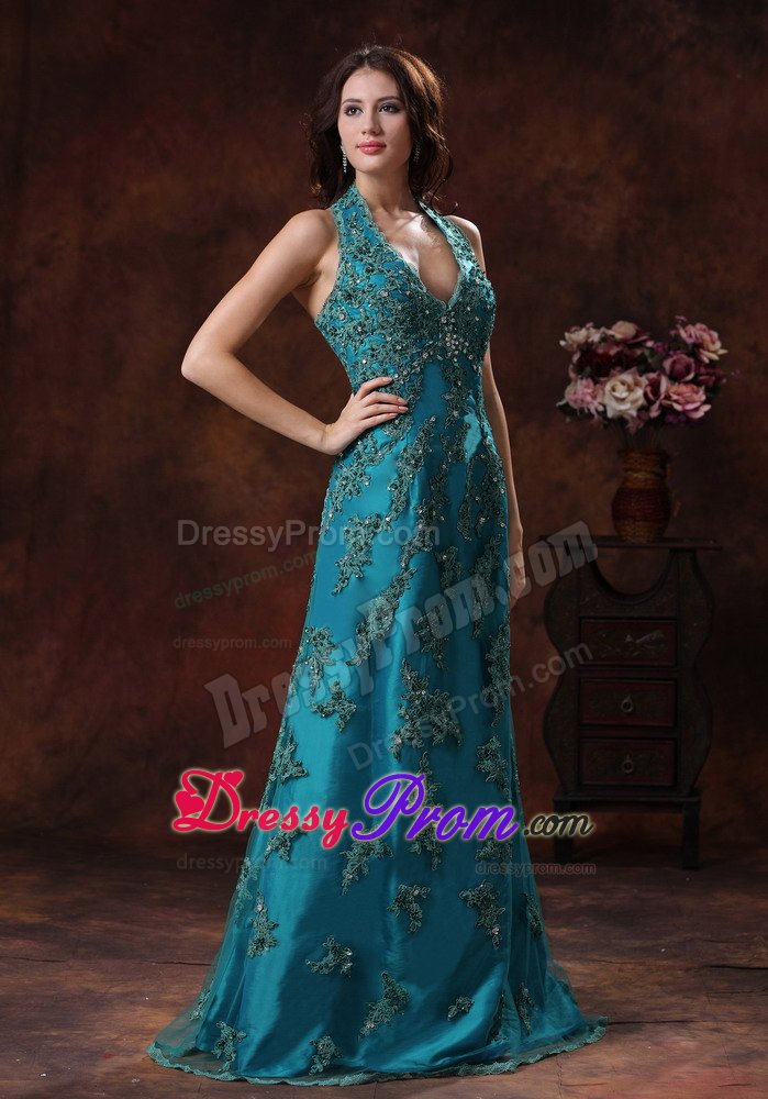 Hot Sale Brush Train Halter Top Appliqued Turquoise Prom Dress