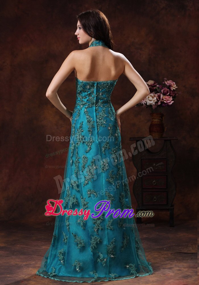 Hot Sale Brush Train Halter Top Appliqued Turquoise Prom Dress