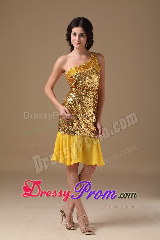 Sexy one Shoulder Sequins Chiffon Gold Dress for Prom Queen