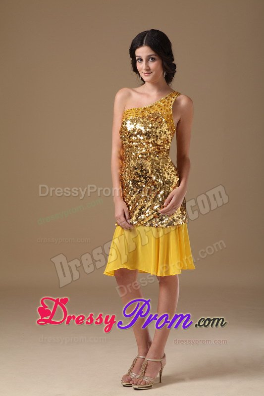 Sexy one Shoulder Sequins Chiffon Gold Dress for Prom Queen