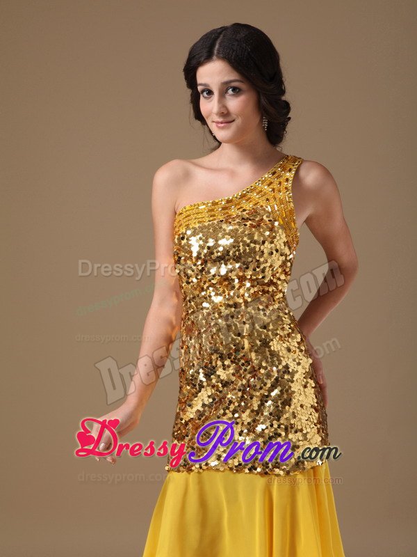 Sexy one Shoulder Sequins Chiffon Gold Dress for Prom Queen