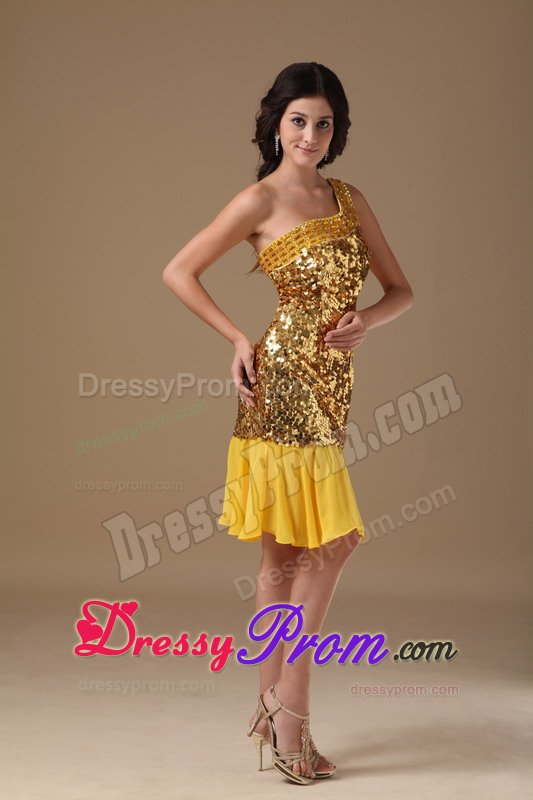 Sexy one Shoulder Sequins Chiffon Gold Dress for Prom Queen