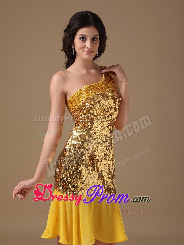Sexy one Shoulder Sequins Chiffon Gold Dress for Prom Queen