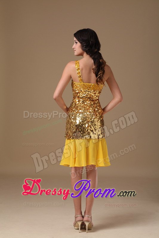 Sexy one Shoulder Sequins Chiffon Gold Dress for Prom Queen