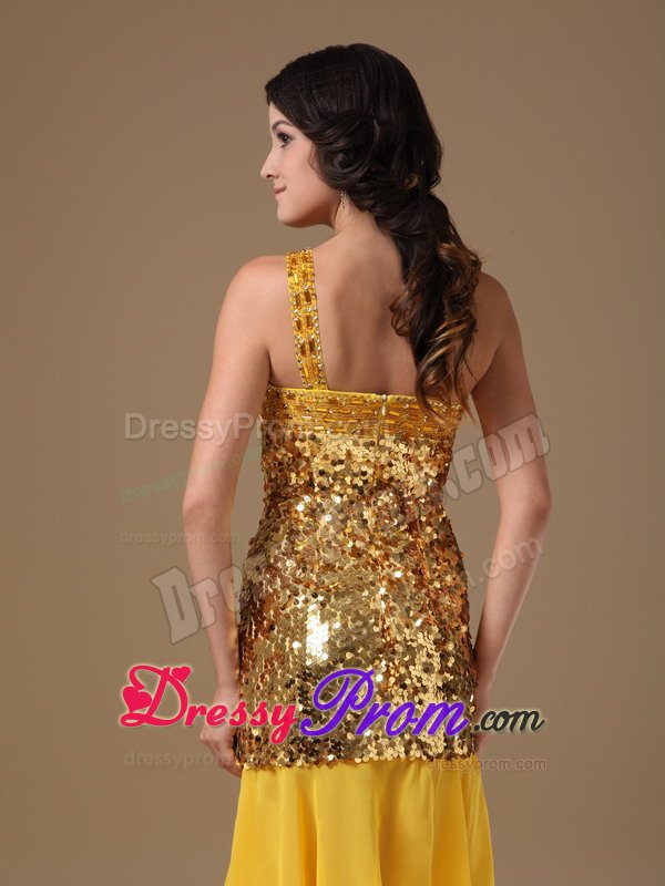 Sexy one Shoulder Sequins Chiffon Gold Dress for Prom Queen