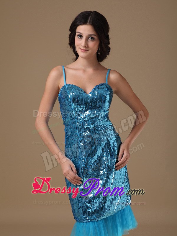 Spaghetti Straps Sequins Knee-length Blue Prom Dress on Discount