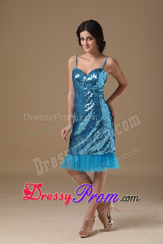 Spaghetti Straps Sequins Knee-length Blue Prom Dress on Discount