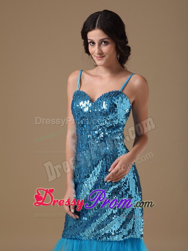 Spaghetti Straps Sequins Knee-length Blue Prom Dress on Discount