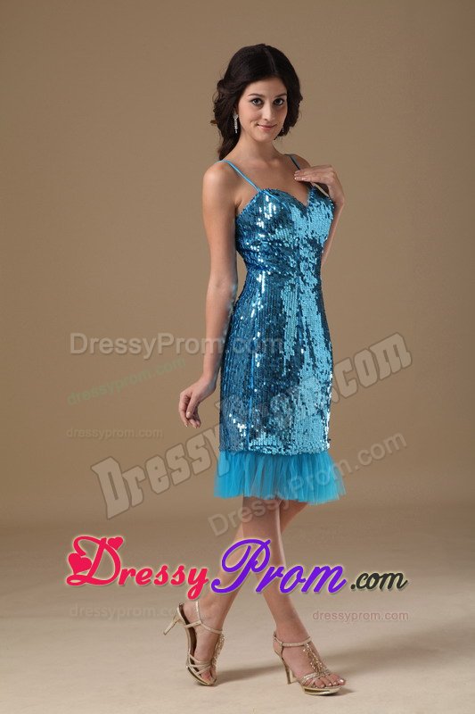 Spaghetti Straps Sequins Knee-length Blue Prom Dress on Discount