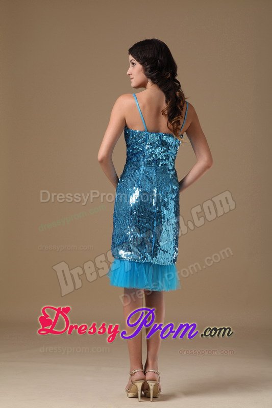 Spaghetti Straps Sequins Knee-length Blue Prom Dress on Discount