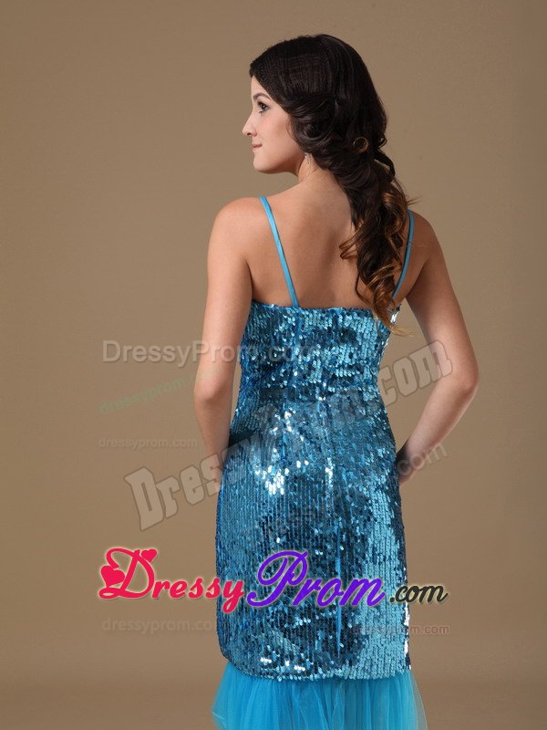 Spaghetti Straps Sequins Knee-length Blue Prom Dress on Discount