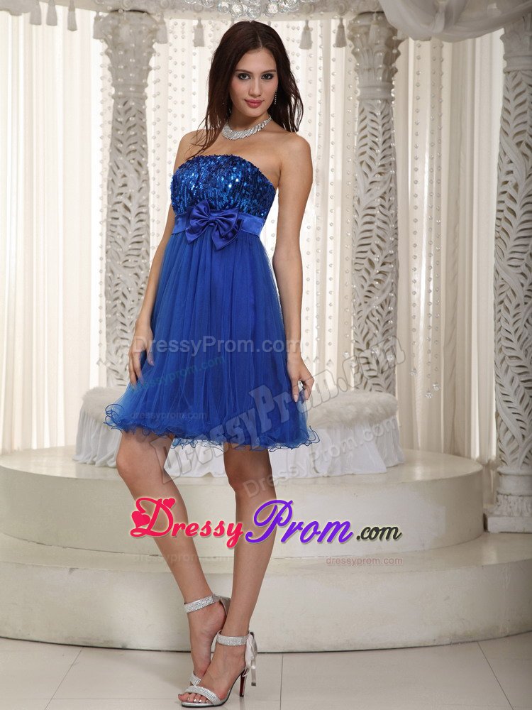 Royal Blue Organza and Sequin Short Prom Dresses with Bowknot