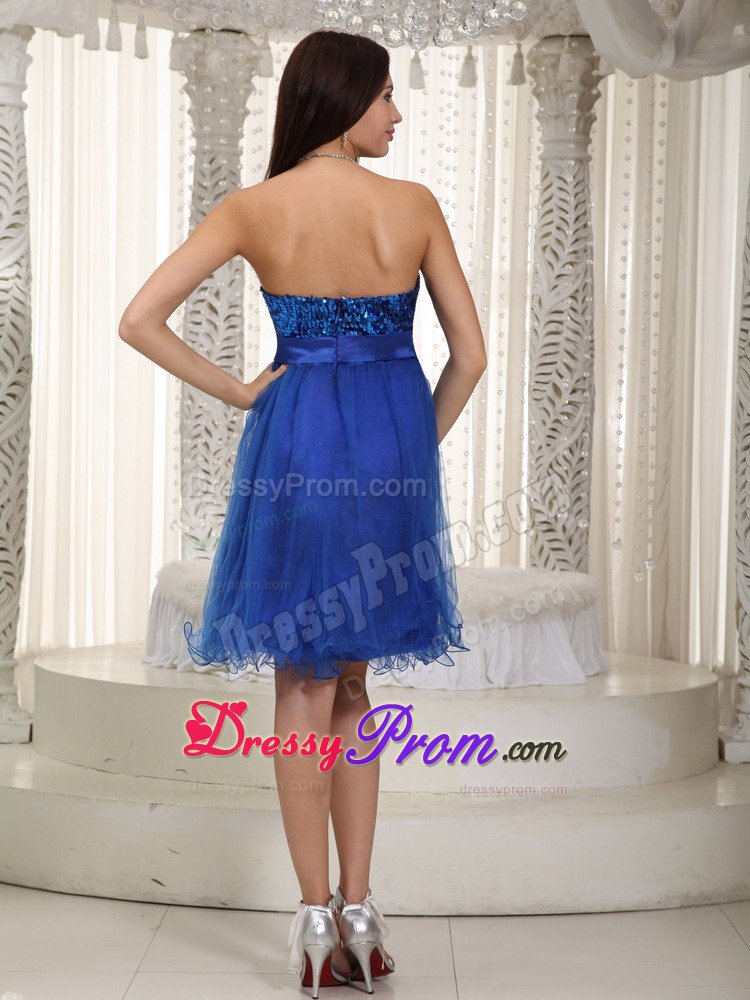 Royal Blue Organza and Sequin Short Prom Dresses with Bowknot