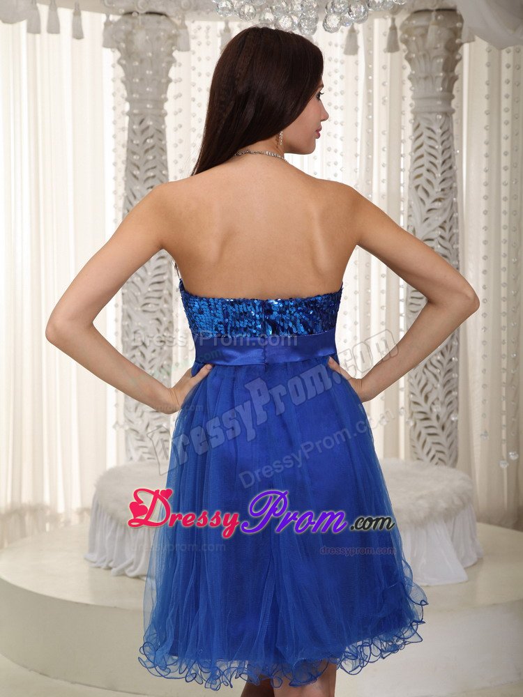 Royal Blue Organza and Sequin Short Prom Dresses with Bowknot