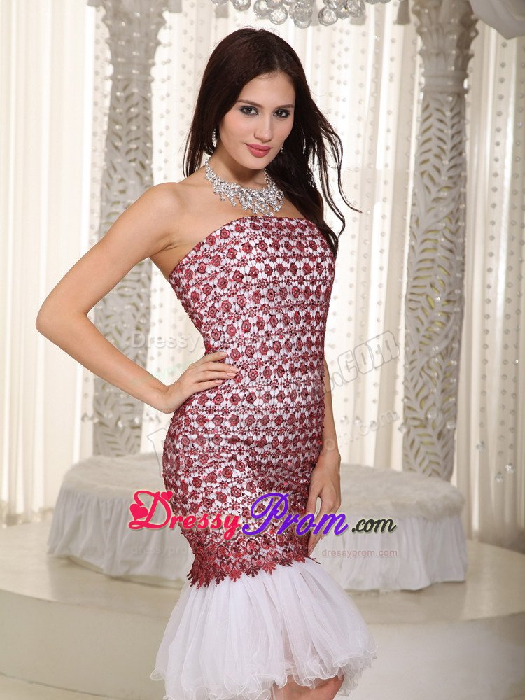 Wholesale White and Red Lace Prom Evening Dress Knee-length