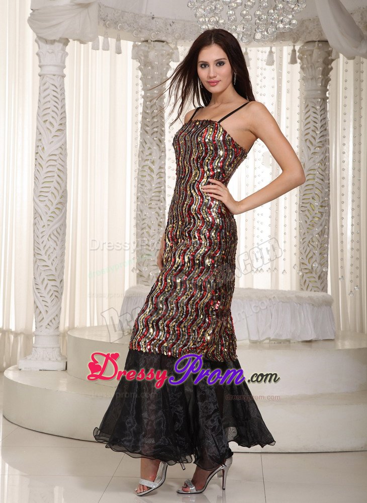 Colorful Spaghetti Straps Ankle-Length Sequin Prom Evening Dress