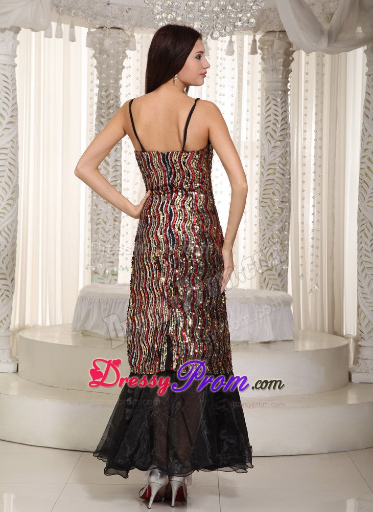 Colorful Spaghetti Straps Ankle-Length Sequin Prom Evening Dress
