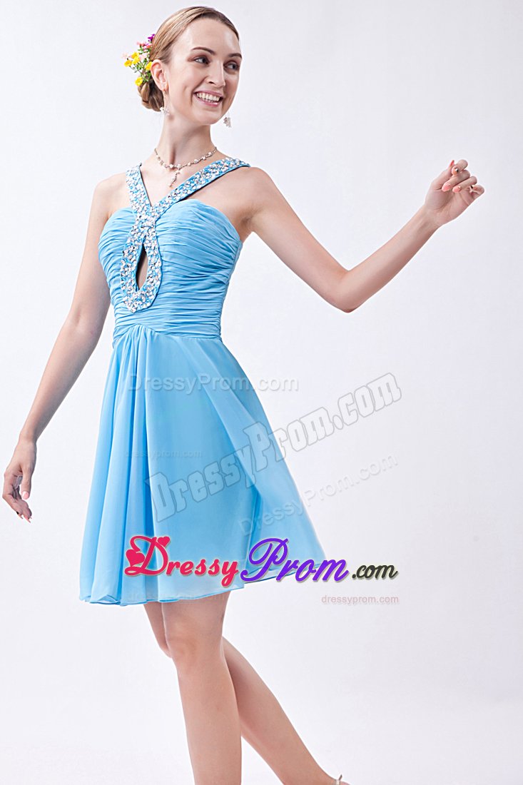 V-neck Beading Key Hole in Bodice Ruched Short Chiffon Prom Dress