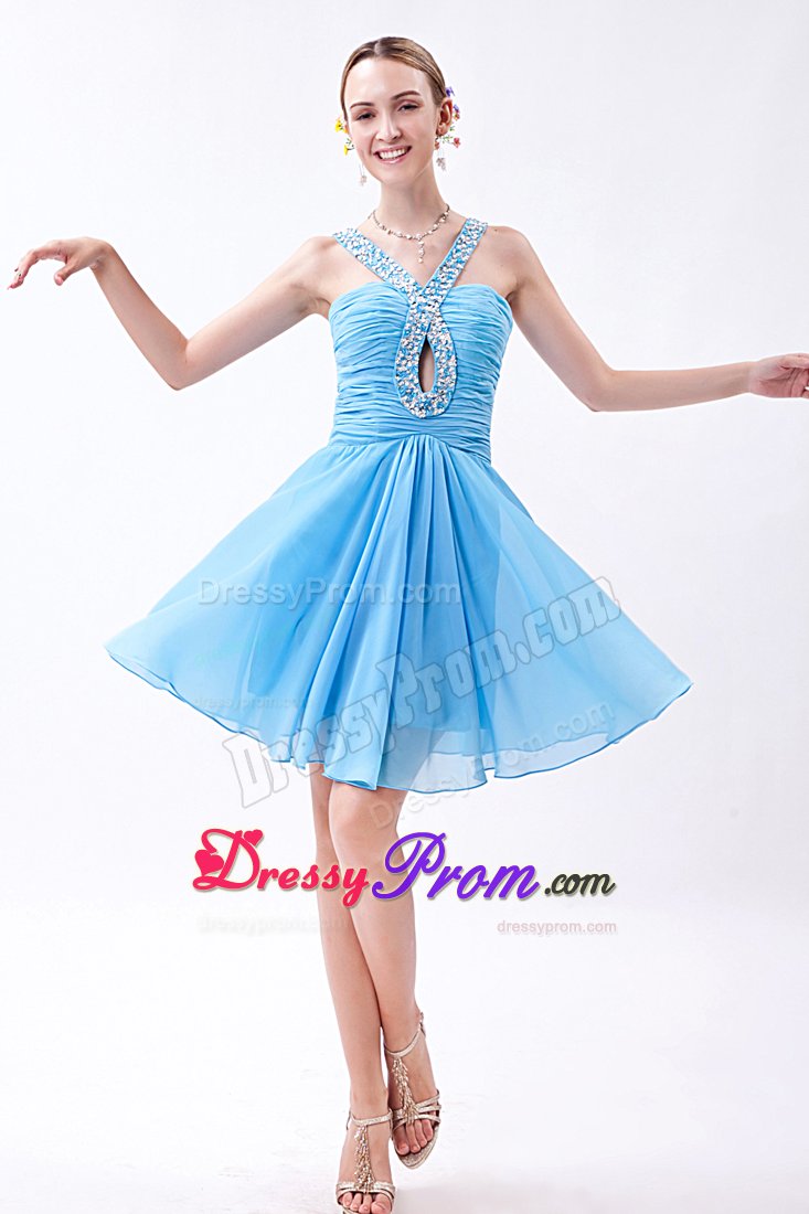 V-neck Beading Key Hole in Bodice Ruched Short Chiffon Prom Dress