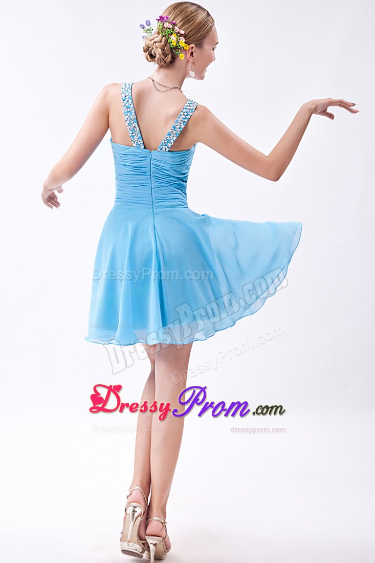V-neck Beading Key Hole in Bodice Ruched Short Chiffon Prom Dress