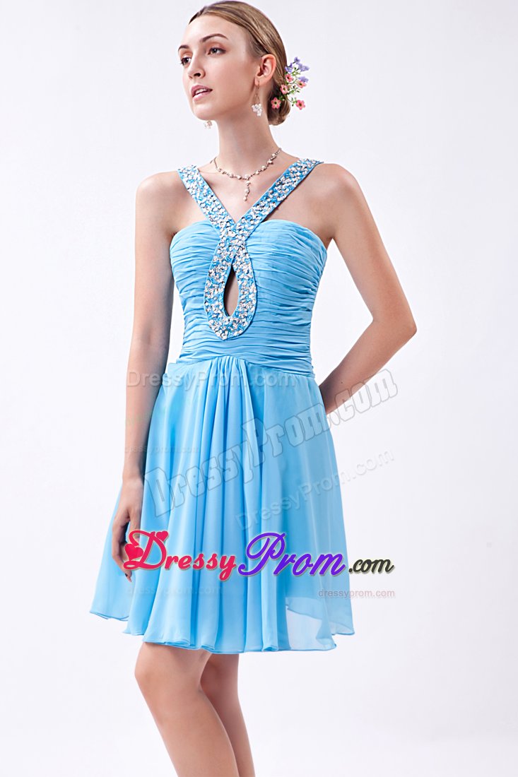 V-neck Beading Key Hole in Bodice Ruched Short Chiffon Prom Dress