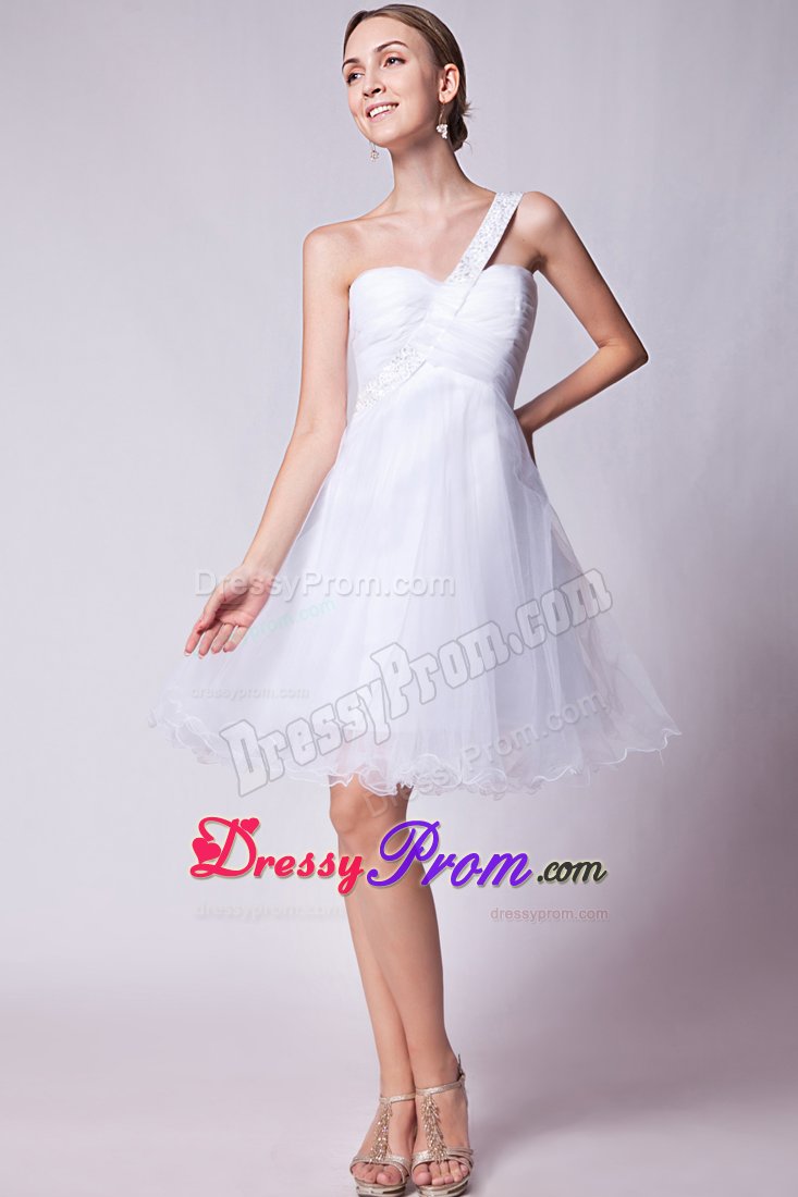 Beading Mini-length Organza White Prom Dress with One Shoulder