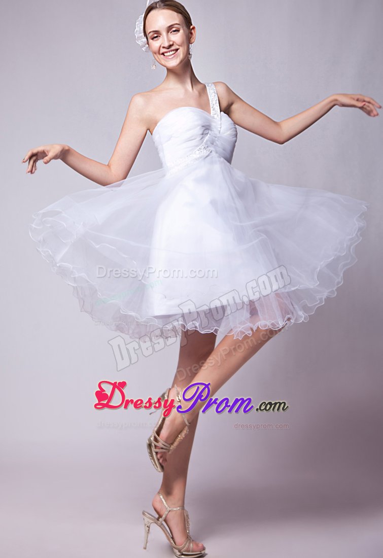 Beading Mini-length Organza White Prom Dress with One Shoulder