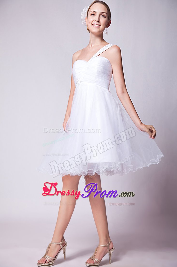 Beading Mini-length Organza White Prom Dress with One Shoulder