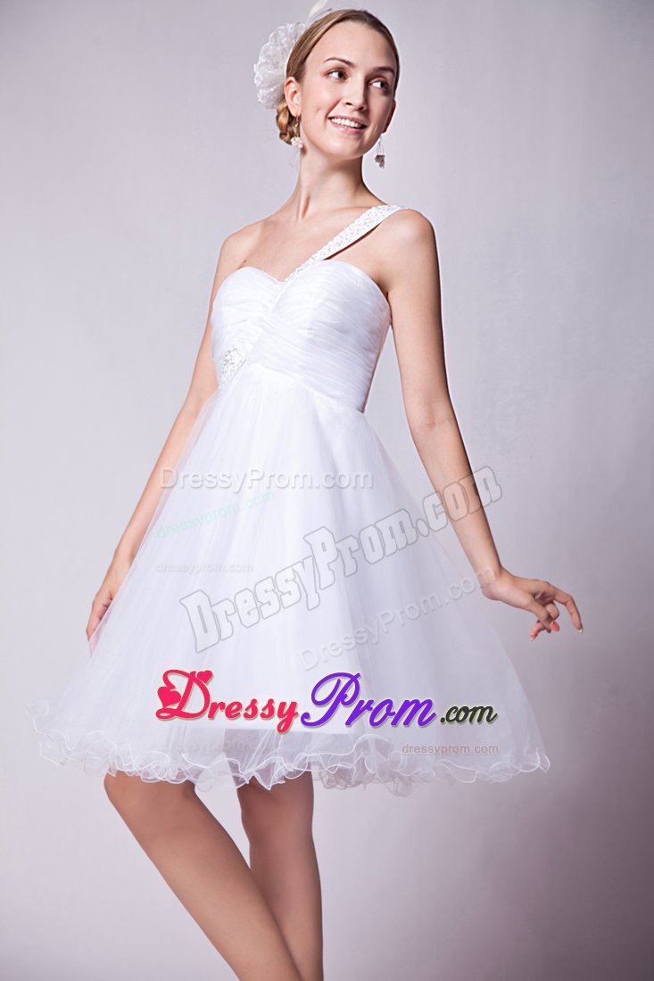Beading Mini-length Organza White Prom Dress with One Shoulder