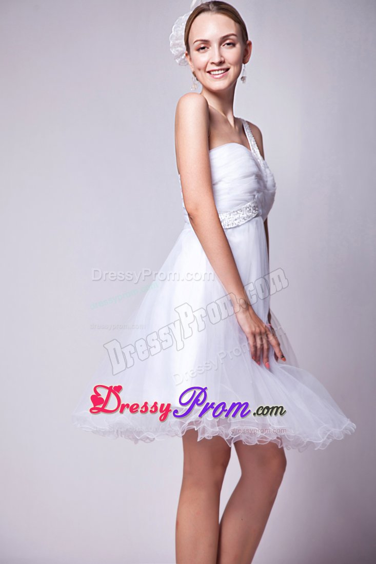 Beading Mini-length Organza White Prom Dress with One Shoulder