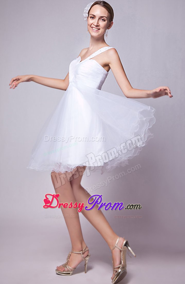 Beading Mini-length Organza White Prom Dress with One Shoulder