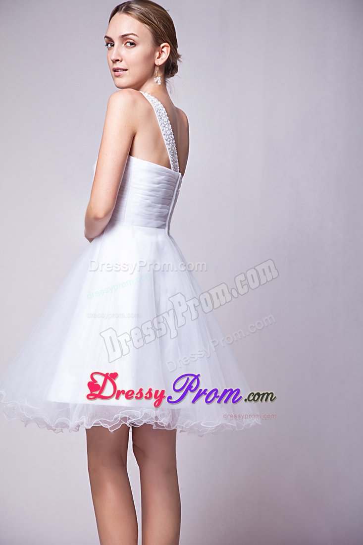 Beading Mini-length Organza White Prom Dress with One Shoulder