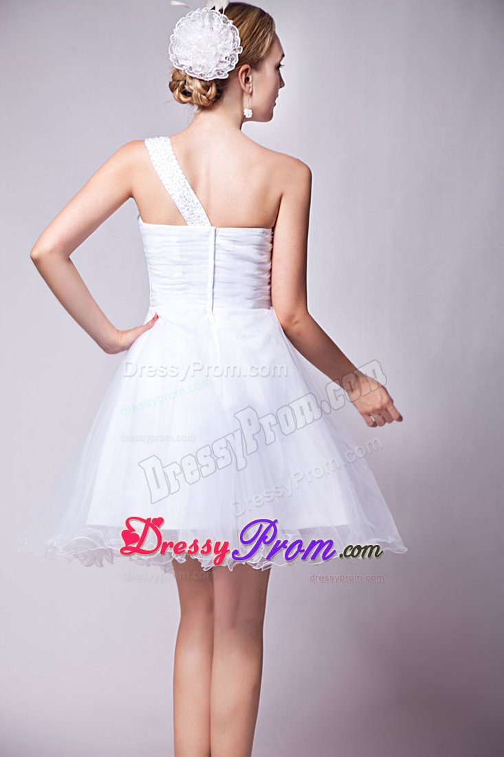 Beading Mini-length Organza White Prom Dress with One Shoulder