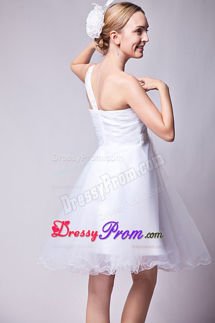 Beading Mini-length Organza White Prom Dress with One Shoulder