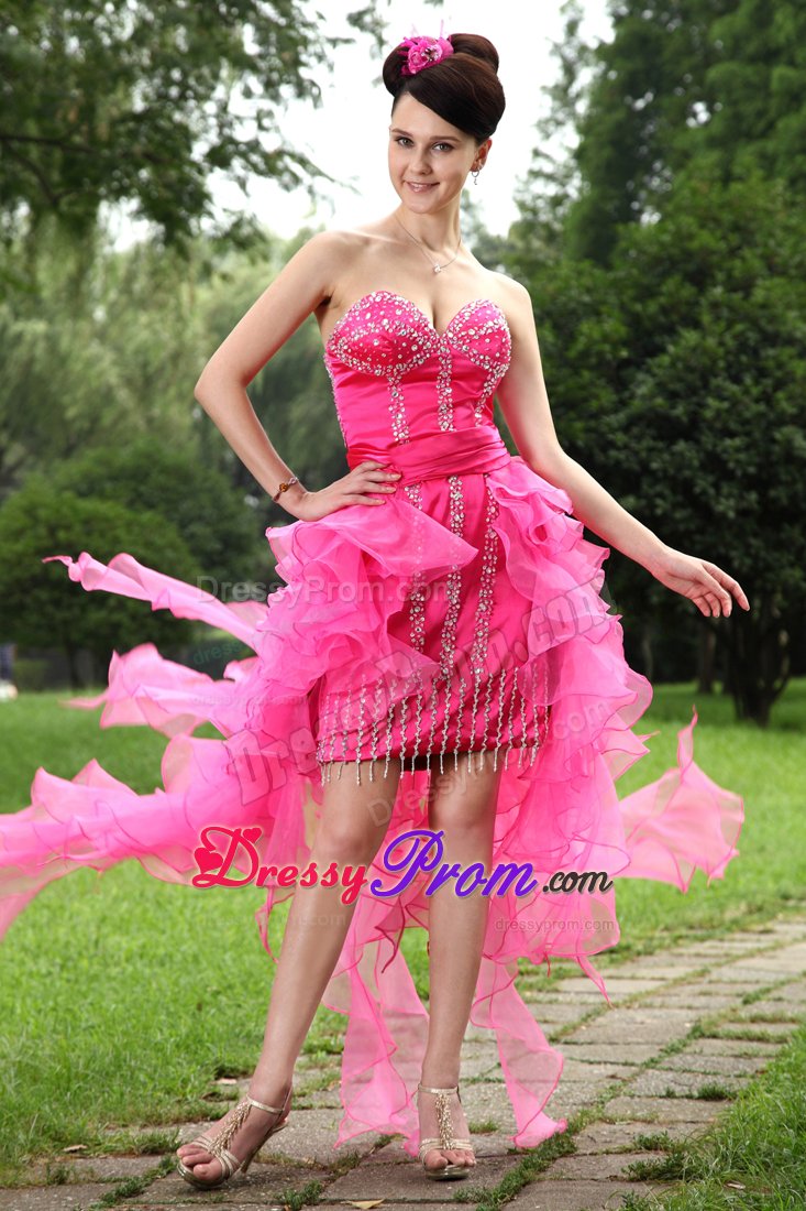 High-low Sweetheart Beading Organza Hot Pink Prom Formal Dress