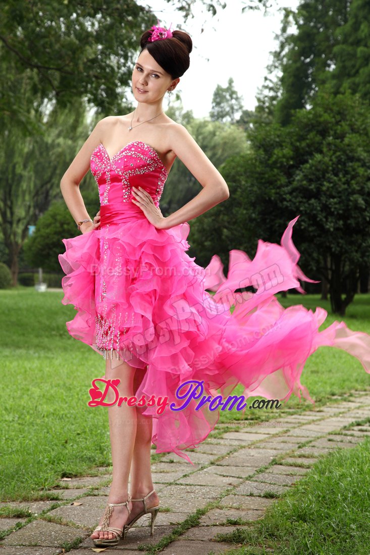 High-low Sweetheart Beading Organza Hot Pink Prom Formal Dress