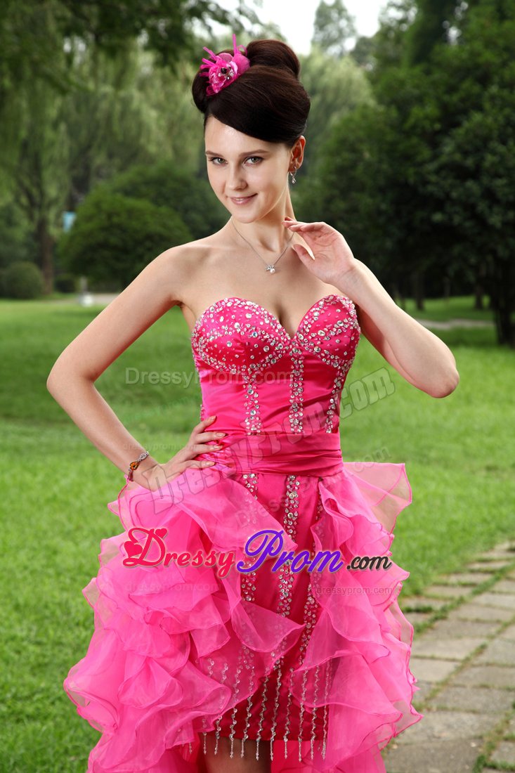 High-low Sweetheart Beading Organza Hot Pink Prom Formal Dress