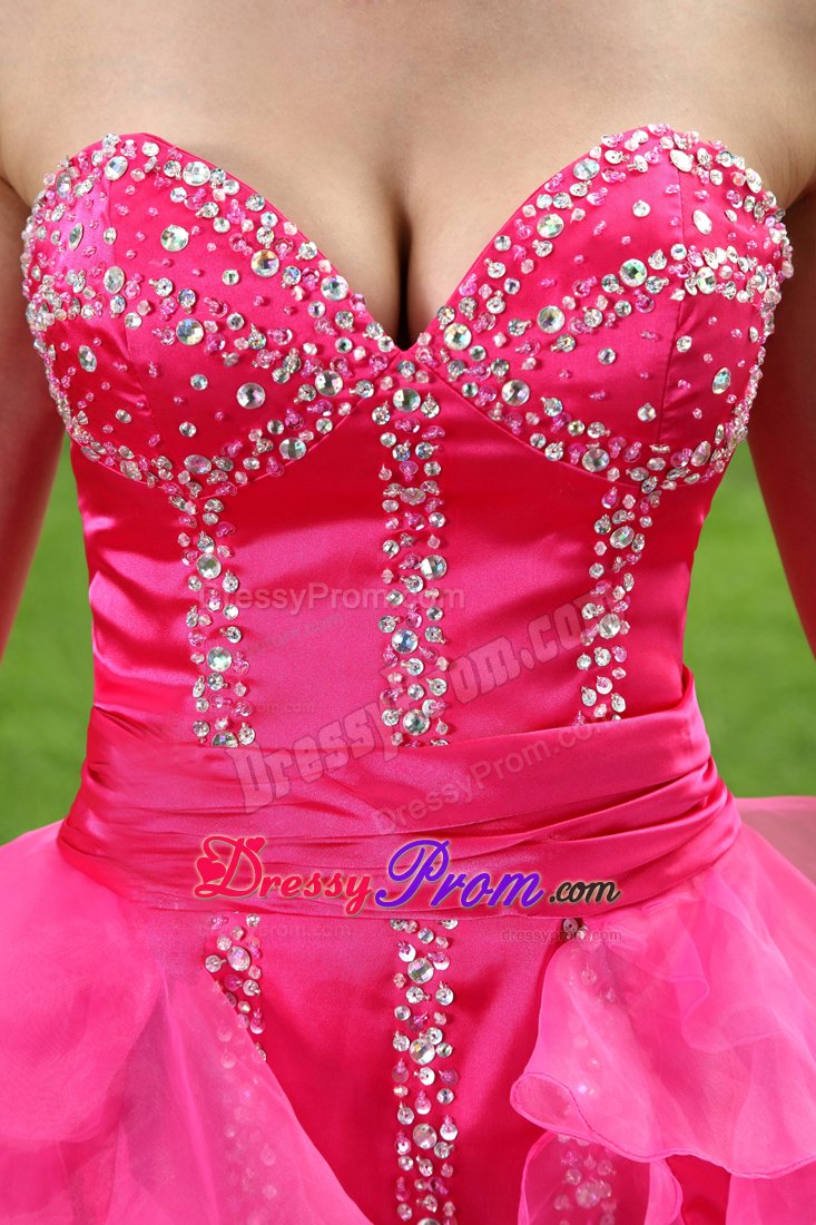 High-low Sweetheart Beading Organza Hot Pink Prom Formal Dress