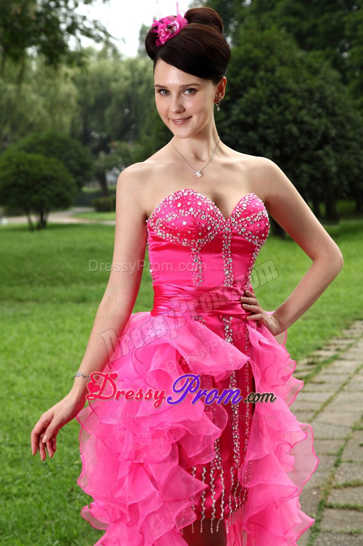 High-low Sweetheart Beading Organza Hot Pink Prom Formal Dress