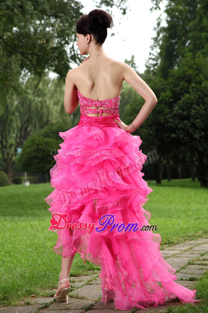 High-low Sweetheart Beading Organza Hot Pink Prom Formal Dress