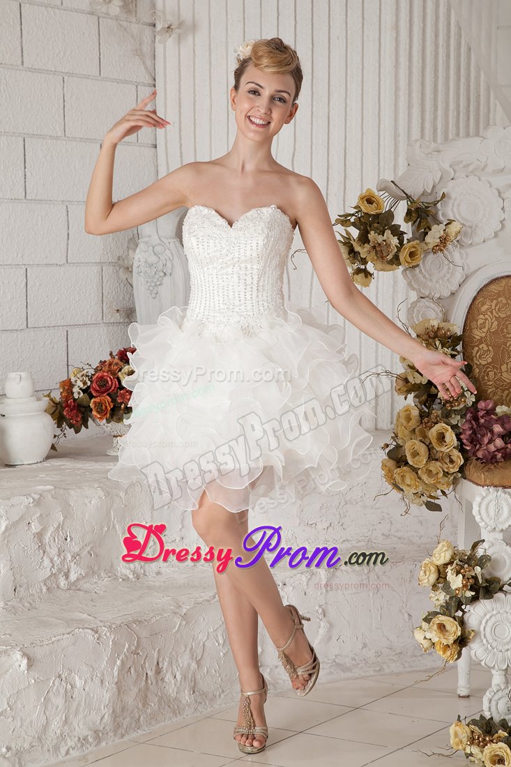 Ruffled Sweetheart Beading Organza White Short Prom Gowns