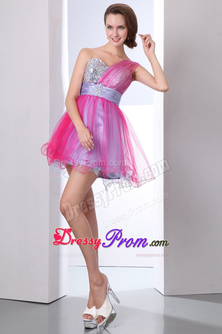 One Shoulder Beaded and Ruched Prom Evening Dresses in Hot Pink