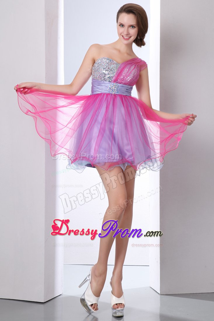 One Shoulder Beaded and Ruched Prom Evening Dresses in Hot Pink