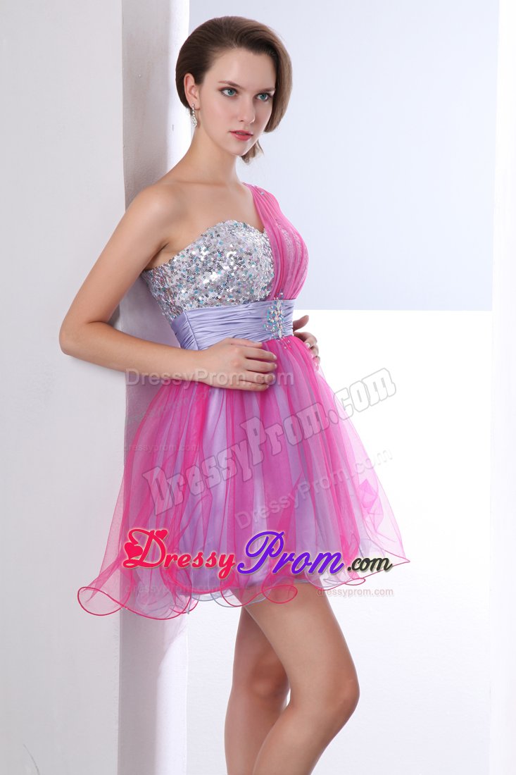One Shoulder Beaded and Ruched Prom Evening Dresses in Hot Pink