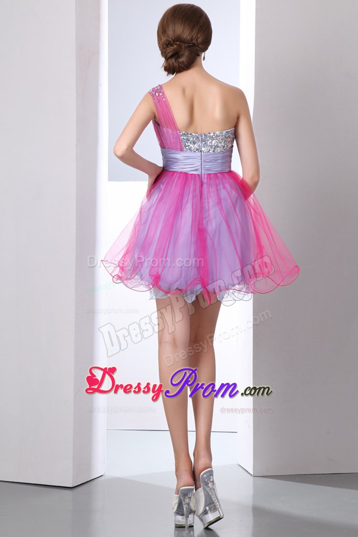 One Shoulder Beaded and Ruched Prom Evening Dresses in Hot Pink